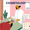 Cosmetology, dermatology concept poster. Dermatologist making photo rejuvenation procedure to woman in beauty clinic.