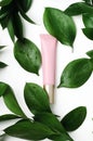 Cosmetology tube with green leaves on white background. Top class facial care serum with decorative fresh ficus foliage and dew Royalty Free Stock Photo