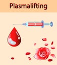 Cosmetology vector illustration. Beautiful rose and blood drop, plasma lifting injection and injector
