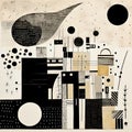 Cosmic Abstractions: A Black And White Painting Of Fantastical Contraptions On A Tiled Surface