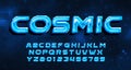 Cosmic alphabet font. Digital 3D letters and numbers. Pixel background.