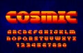 Cosmic alphabet font. Pixel letters and numbers. Pixel background.