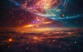 Cosmic background with abstract rays of light. Journey through the universe, galaxies, planets and stars. Time and space concept