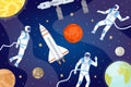 Cosmic background with astronauts. Outer space with spaceship, planets, stars and spaceman exploring cosmos. Cartoon Royalty Free Stock Photo