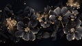 Cosmic Black Flowers with Golden Accents. Ethereal black flowers adorned with golden details set in a dark, starry