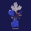 Cosmic bouquet of mysterious witch night flowers. Design with magic plants in blue and brown colors