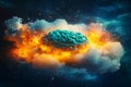 Cosmic brain floating in ethereal nebula glowing fiery accents symbolizing universal intelligence cosmic consciousness for
