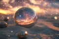 Cosmic bubble resting on sandy surface with glowing stars in the background at sunset Royalty Free Stock Photo