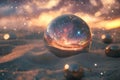 Cosmic bubble resting on sandy surface with glowing stars in the background at sunset Royalty Free Stock Photo