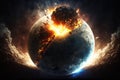 The Cosmic Cataclysm. Giant asteroid colliding with a planet or Earth, depicting a catastrophic event that has devastating
