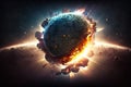 The Cosmic Cataclysm. Giant asteroid colliding with a planet or Earth, depicting a catastrophic event that has devastating