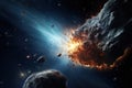 Cosmic Catastrophe. Asteroid Collision in Outer Space. Fiery explosion and flash. Flying comet or meteorite in space