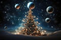 Cosmic Christmas tree with balls against a planet backdrop