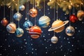 Cosmic Christmas tree with balls against a planet backdrop