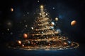 Cosmic Christmas tree with balls against a planet backdrop