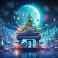 Cosmic Christmas Tree on Piano Under Moonlight