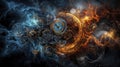 Cosmic clockwork mechanisms blending with celestial patterns digital art space abstract surreal imagery