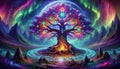 Cosmic Colorful Yggdrasil Tree of Life in Norse Mythology. World Tree Of Vikings. Generative AI