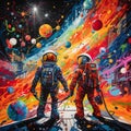 The Cosmic Connection: A mural depicting outer space exploration intertwined with human connection and curiosity