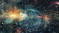 Cosmic convergence an abstract artwork blending celestial wonders with digital patterns