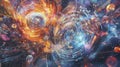 Cosmic convergence visualizing advanced digital ecosystem outer space abstract art digital environment aerial perspective