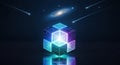 Cosmic Cube: Futuristic Technology with Galaxy and Shooting Stars Backdrop Royalty Free Stock Photo