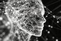 In a cosmic cyberpunk environment, a glowing human head silhouette is filled with interconnected AI nodes that create Royalty Free Stock Photo