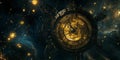 A cosmic 3D background of a giant ancient clock floating in deep space. Its golden gears move in Royalty Free Stock Photo
