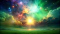 Cosmic Dance: A Celestial Explosion of Color Against a Serene Green Sky generative AI