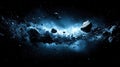 Cosmic debris field, asteroid collision, deep space, nebula glow