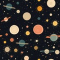 Cosmic Delight: A Playful And Dark Vintage Solar System Fabric Design