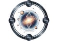 Cosmic diagram illustrating universal evolution with planets and galaxies in a circular cosmological composition Royalty Free Stock Photo