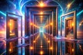 Cosmic doorways, reflective pathway, starry sky background Royalty Free Stock Photo