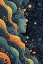 Cosmic Dreamscape with Serene Female Profile and Nature Motifs