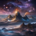 A cosmic dreamscape with swirling galaxies forming the backdrop for surreal, floating islands1