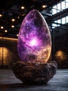 Cosmic egg resting on a rock in a warehouse. Royalty Free Stock Photo