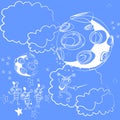 Cosmic endless pattern with fantasy aliens boys and girls, planets, clouds, stars, against blue sky. Sketch. Wallpaper, baby print