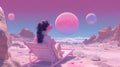 Cosmic escapism. Fantasy scene in pink colors. A woman watches the cosmic sky Royalty Free Stock Photo