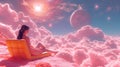 Cosmic escapism. Fantasy scene in pink colors. A woman watches the cosmic sky Royalty Free Stock Photo