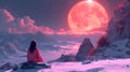Cosmic escapism. Fantasy scene in pink colors. A woman watches the cosmic sky Royalty Free Stock Photo
