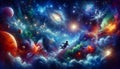 Cosmic Exploration Scene with Vibrant Nebulae and Celestial Bodies