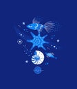 Cosmic fish and seashell. Magic underwater life. Space marine composition. Ocean creatures decorated with stars