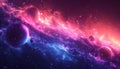 Cosmic Galaxy with Pink and Blue Nebulae and Floating Planets. Space Art Illustration Royalty Free Stock Photo
