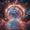 Cosmic Gateway: An awe-inspiring scene unfolds with a luminous, futuristic portal beckoning entry, surrounded by a breathtaking