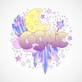 Cosmic girl and princess objects, space cartoon concept with moon, crystals, gem, stars and magic wand in round form