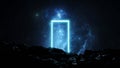 Cosmic glowing portal doorway among stones in space. Stars, planets, nebulae and galaxies on the background of a portal in space. Royalty Free Stock Photo