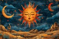 Cosmic Harmony: Psychedelic Sun-Moon Canvas Art. Concept Cosmic themes, Sun and Moon, Psychedelic Royalty Free Stock Photo