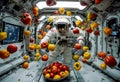 Astronaut floating inside space station with fruits and vegetables. zero-gravity harvesting festival of abundance