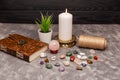 Cosmic healing crystals. Row of chakra crystals. Healing crystal stone