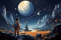 This cosmic illustration portrays adventurous kids as they journey through the universe
